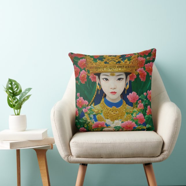 Vintage Style Abstract Asian Girl with Flowers Cushion (Chair)