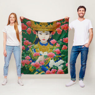 Vintage Style Abstract Asian Girl with Flowers  Fleece Blanket