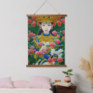 Vintage Style Abstract Asian Girl with Flowers Hanging Tapestry