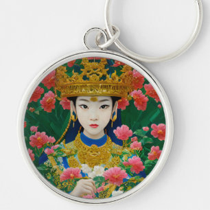 Vintage Style Abstract Asian Girl with Flowers Key Ring