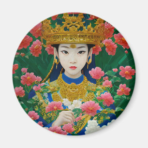 Vintage Style Abstract Asian Girl with Flowers Magnet