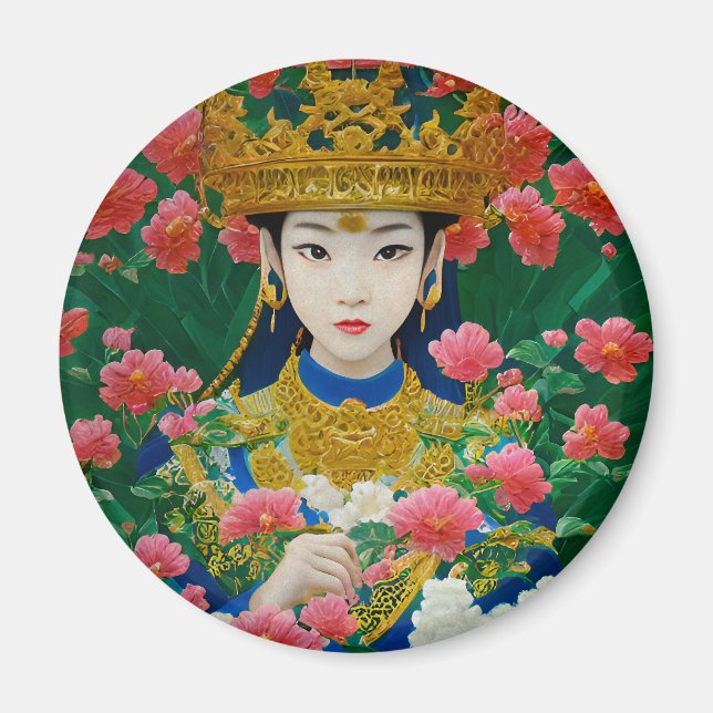 Vintage Style Abstract Asian Girl with Flowers Magnet (Front)