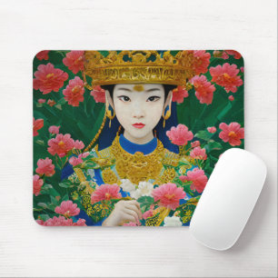 Vintage Style Abstract Asian Girl with Flowers Mouse Mat