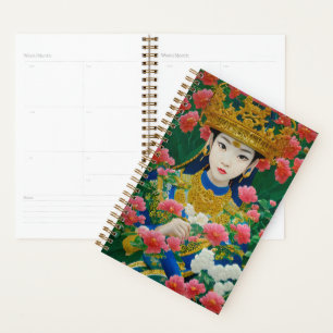 Vintage Style Abstract Asian Girl with Flowers Planner