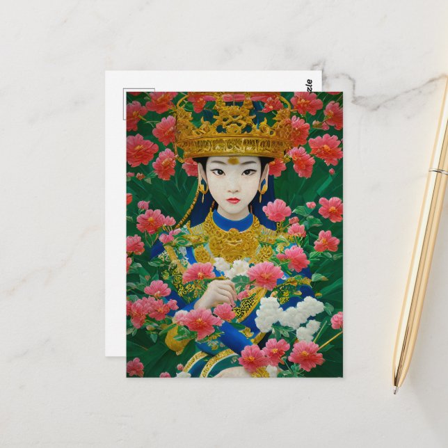 Vintage Style Abstract Asian Girl with Flowers Postcard (Front/Back In Situ)