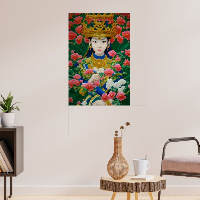 Vintage Style Abstract Asian Girl with Flowers Poster (Living Room 3)