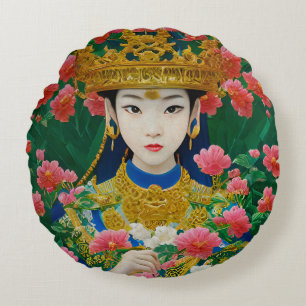 Vintage Style Abstract Asian Girl with Flowers Round Cushion