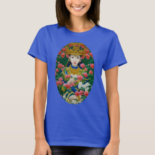 Vintage Style Abstract Asian Girl with Flowers T-Shirt
