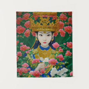 Vintage Style Abstract Asian Girl with Flowers Tapestry