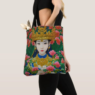 Vintage Style Abstract Asian Girl with Flowers Tote Bag