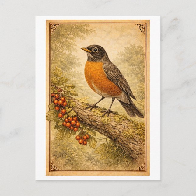 Vintage-Style American Robin Illustration Postcard (Front)