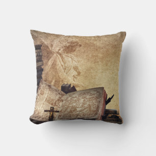Vintage Style Angel with Open Book and Crucifix Cushion
