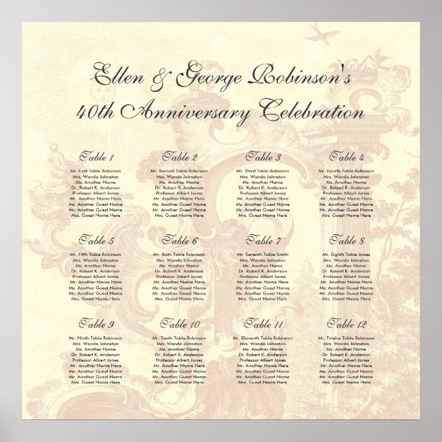 Vintage Style Anniversary Party Table Seating Plan Poster (Front)