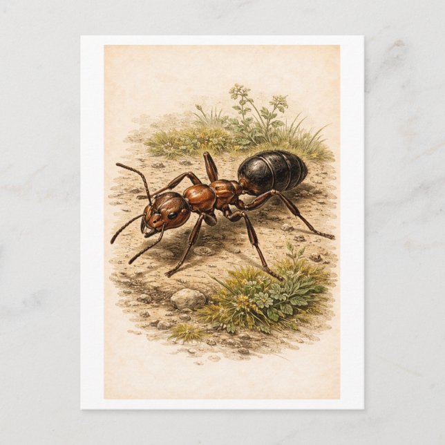 Vintage-Style Ant Illustration Postcard (Front)