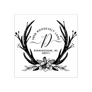 Vintage Style Antler Horns Floral Flowers Monogram Rubber Stamp