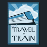 Vintage Style Art Deco Train Travel Poster Print<br><div class="desc">My imagined version of a vintage sleek streamliner train is the focus of this retro travel poster print. The deco-style text on the blue monochromatic image invites you to “enjoy travel by train”. From my original digitally-created image.</div>