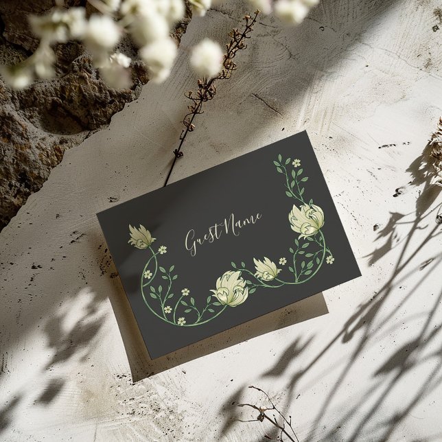 Vintage style art nouveau guest name place card (Art nouveau grey "guest name" place card with pretty white flowers and green leaves)
