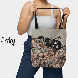 Vintage Style Art Nouveau Playing Black Cat Floral Tote Bag