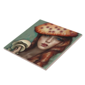 vintage style artist design lady with mushrooms tile