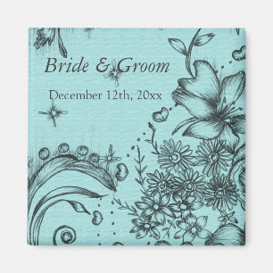 Vintage style black and aqua blue save the date magnet