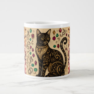 Vintage Style, Black Cat, Batik Pattern, Antique Large Coffee Mug