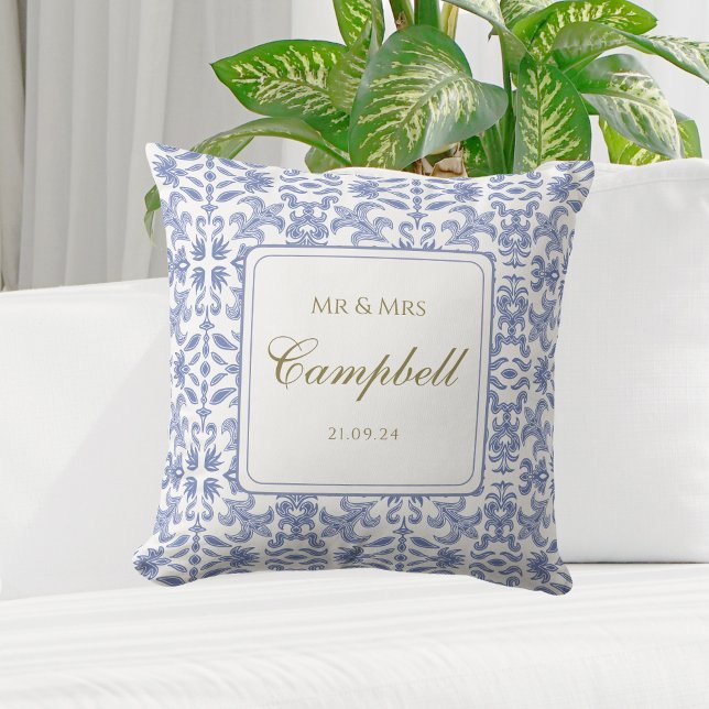 Vintage-style Blue and White Pattern Anniversary Cushion (Creator Uploaded)