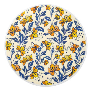 Vintage-style blue color botanical pattern cerami ceramic knob