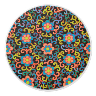 Vintage-style blue color botanical pattern  cerami ceramic knob