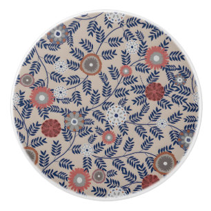 Vintage-style blue color botanical pattern  cerami ceramic knob