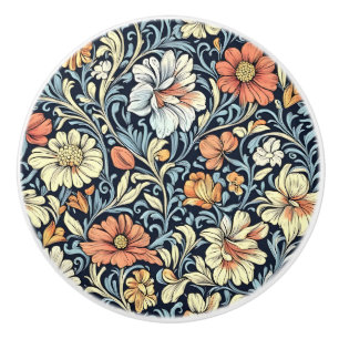 Vintage-style blue color botanical pattern cerami ceramic knob
