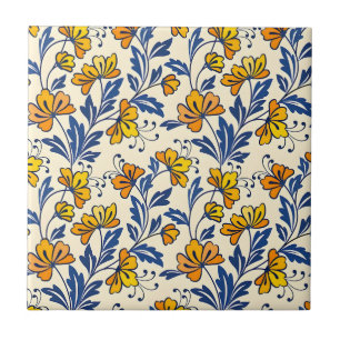 Vintage-style blue color botanical pattern cerami tile