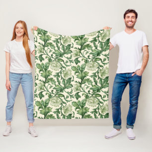 Vintage-style blue color botanical pattern fleece blanket