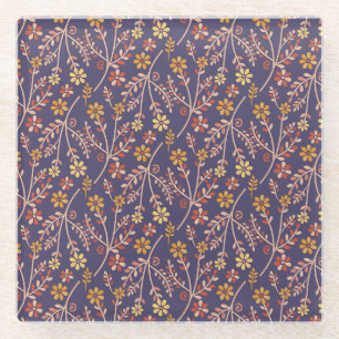 Vintage-style blue color botanical pattern glass coaster