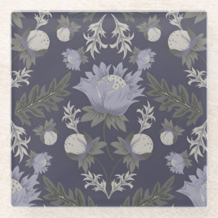 Vintage-style blue color botanical pattern glass coaster