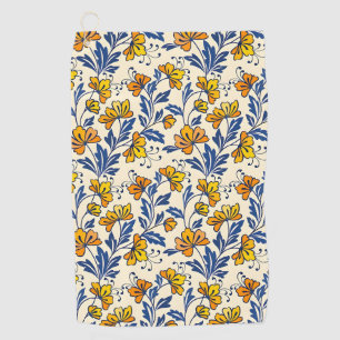 Vintage-style blue color botanical pattern golf t towel