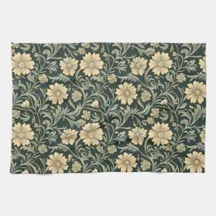 Vintage-style blue color botanical pattern  kitche tea towel