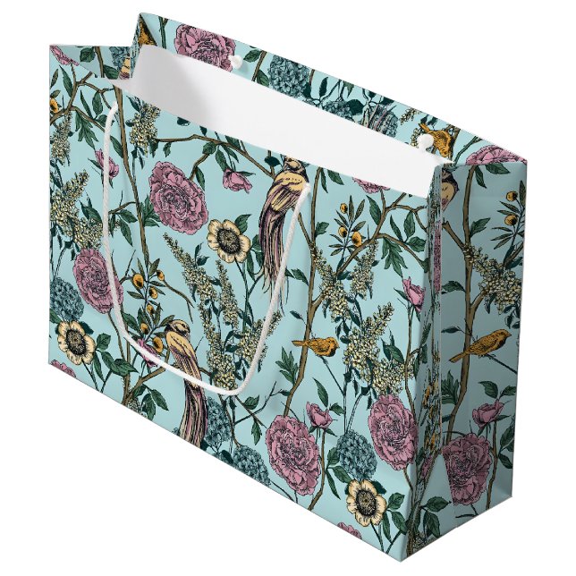 Vintage-style blue color botanical pattern  large gift bag (Front Angled)