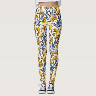 Vintage-style blue color botanical pattern leggin leggings