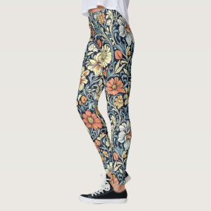 Vintage-style blue color botanical pattern leggin leggings