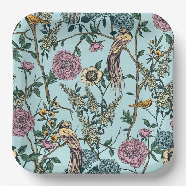Vintage-style blue color botanical pattern  paper plate (Front)