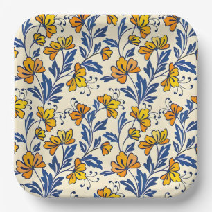 Vintage-style blue color botanical pattern paper plate