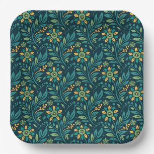 Vintage-style blue color botanical pattern  paper plate