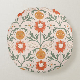 Vintage-style blue color botanical pattern round cushion