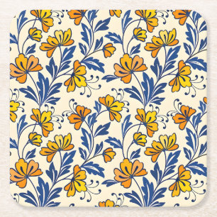 Vintage-style blue color botanical pattern square paper coaster