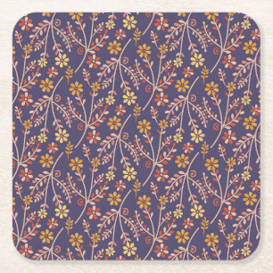 Vintage-style blue color botanical pattern square paper coaster