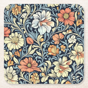 Vintage-style blue color botanical pattern square paper coaster