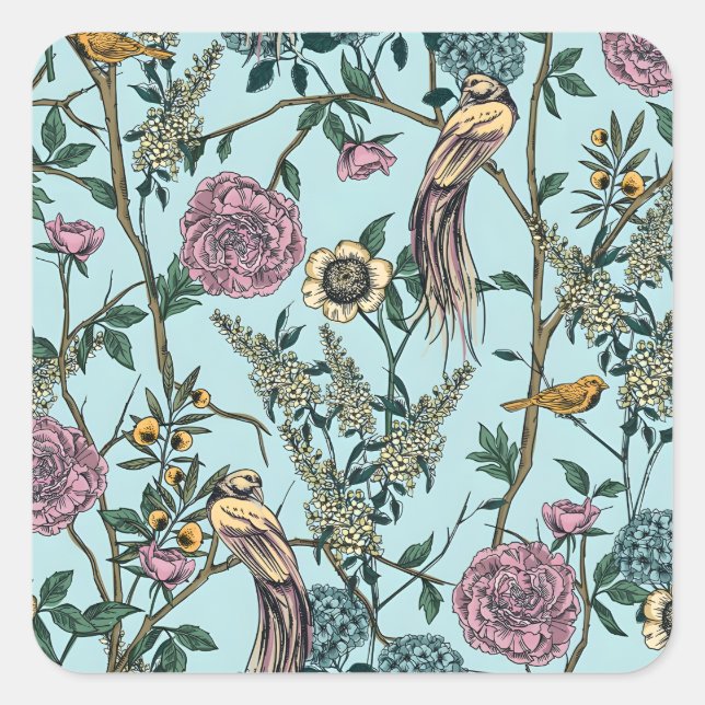 Vintage-style blue color botanical pattern  square sticker (Front)