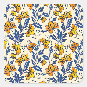 Vintage-style blue color botanical pattern square sticker