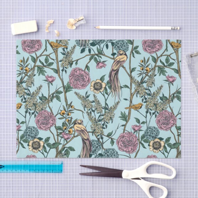 Vintage-style blue color botanical pattern  tissue paper (Craft)