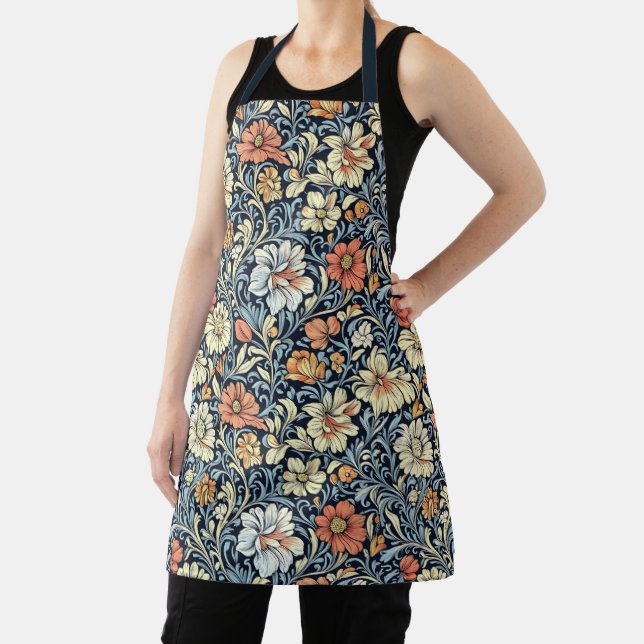 Vintage-style blue colour botanical pattern  apron (Insitu)